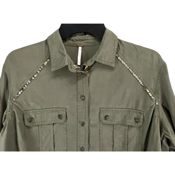 Free People Off Campus Shirt Womens XS Moss Green Tencel Metallic Boho Utility - Picture 4 of 16